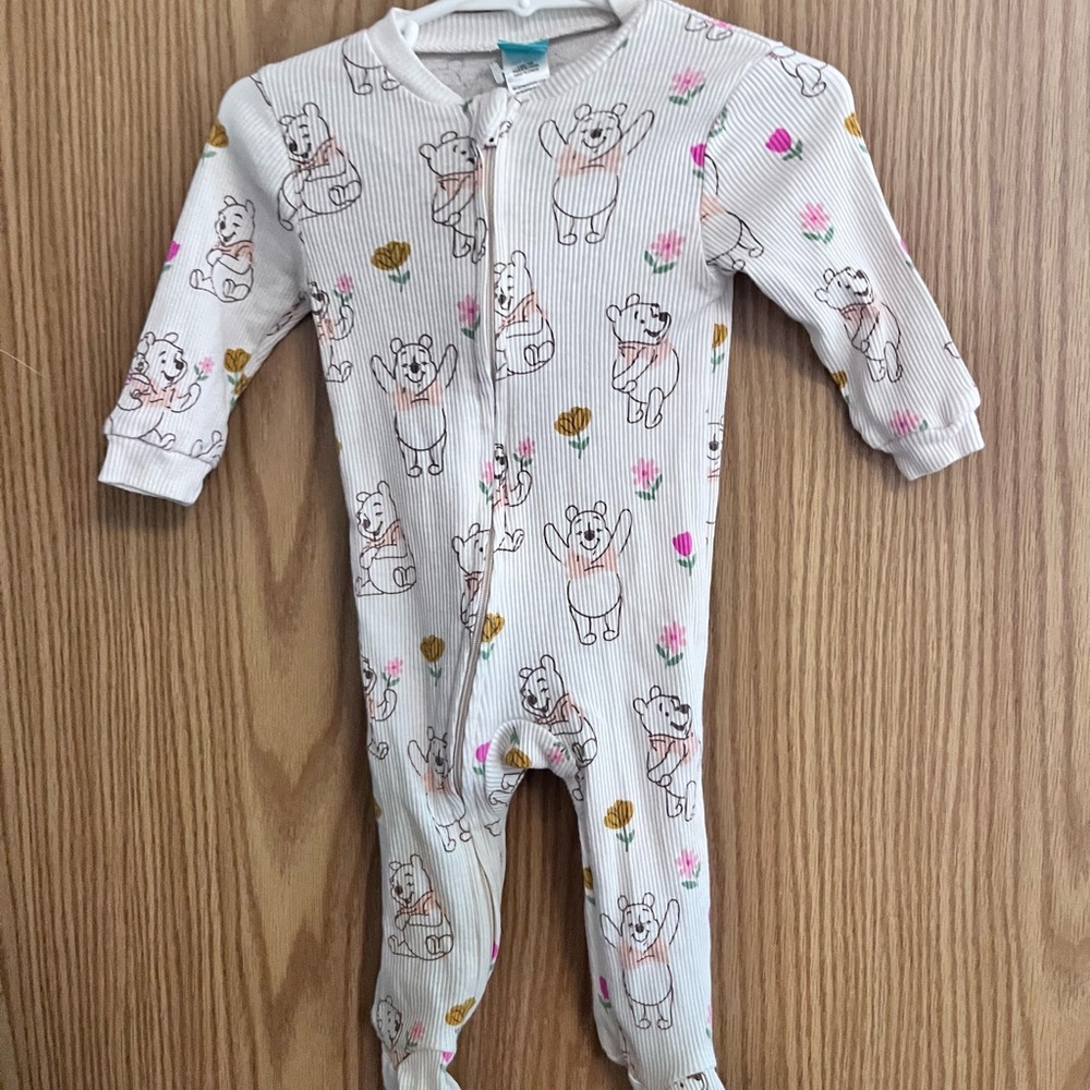 Disney Cream Bear-Print Zip Front Footie with Pink and Gold Accents